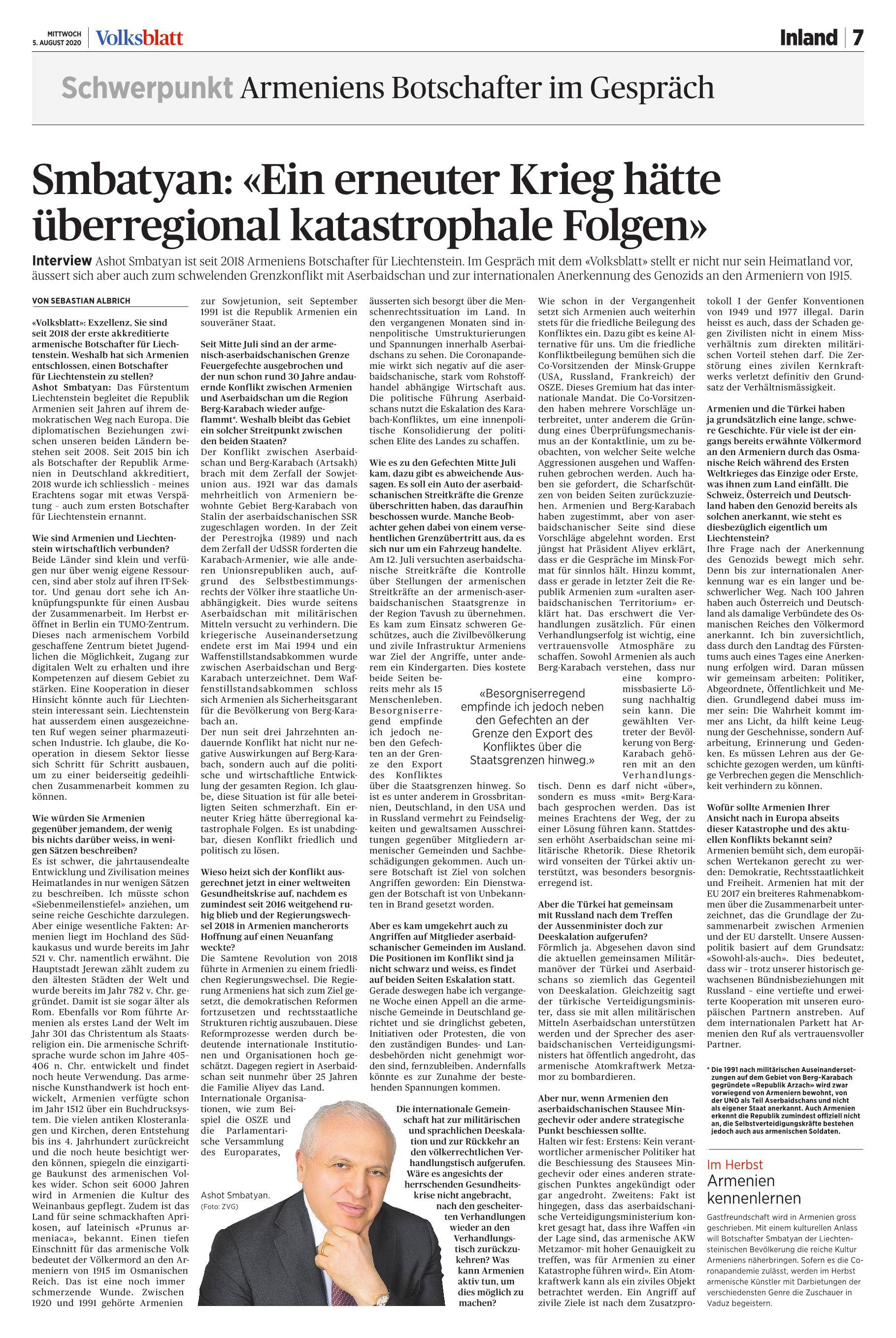 Interview des Botschafters der Republik Armenien in Liechtenstein an die Tageszeitung Volksblatt